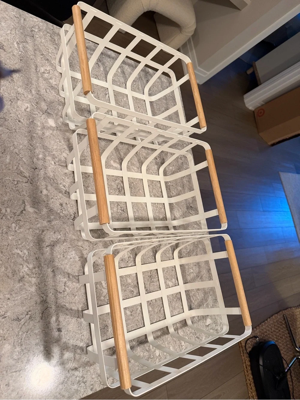 Yamazaki White Grid Storage Basket with Wooden Handles
